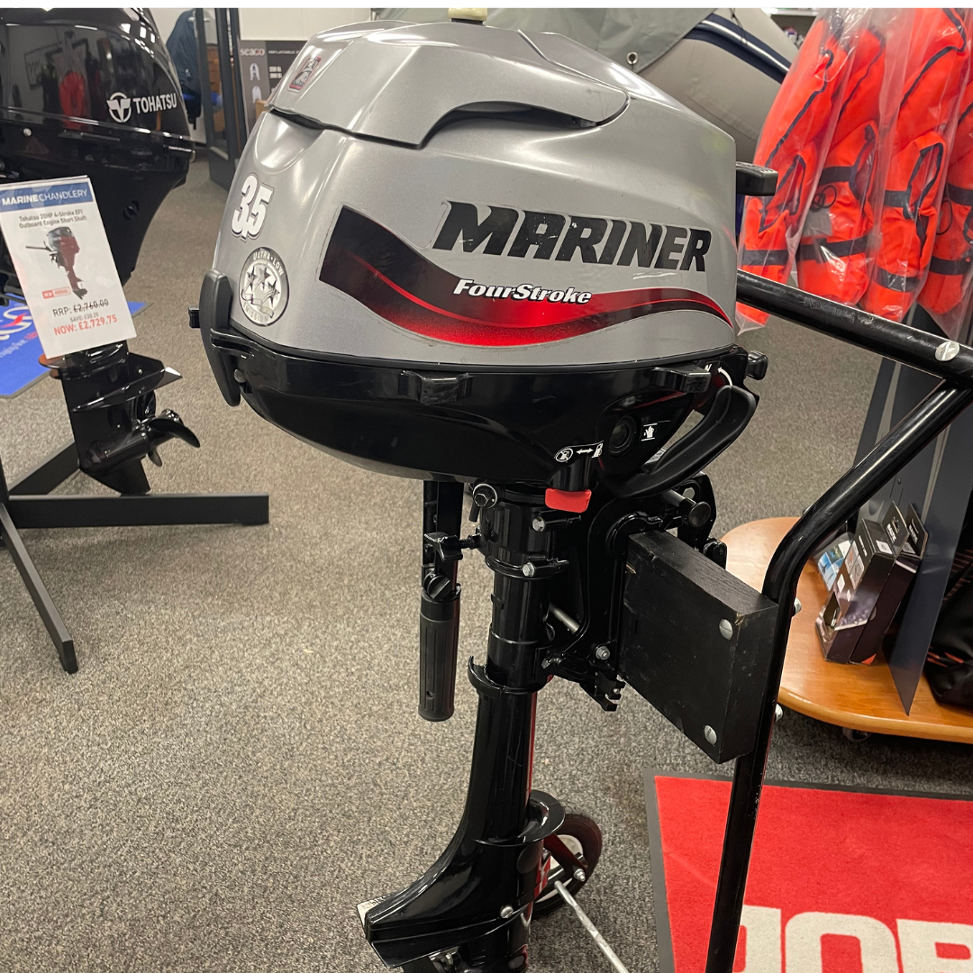 Approved Used: Mariner 3.5HP Outboard Engine, 4-Stroke, Short Shaft, Pull Start, Tiller