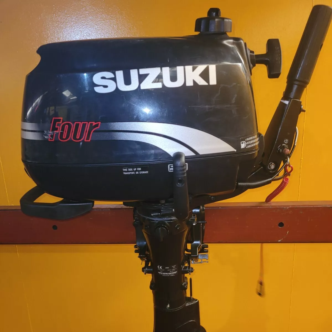 Approved Used: Suzuki 4HP Outboard Engine, 4-Stroke, Long Shaft, Pull Start, Tiller, Auxiliary