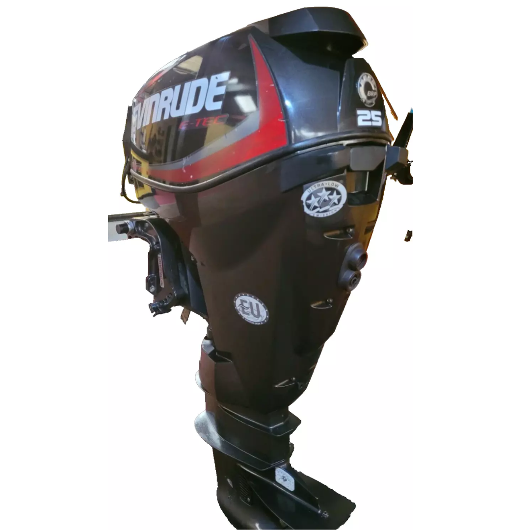 Approved Used: Evinrude ETEC 25hp Outboard Motor, Pull Start, Tiller Control, Long Shaft