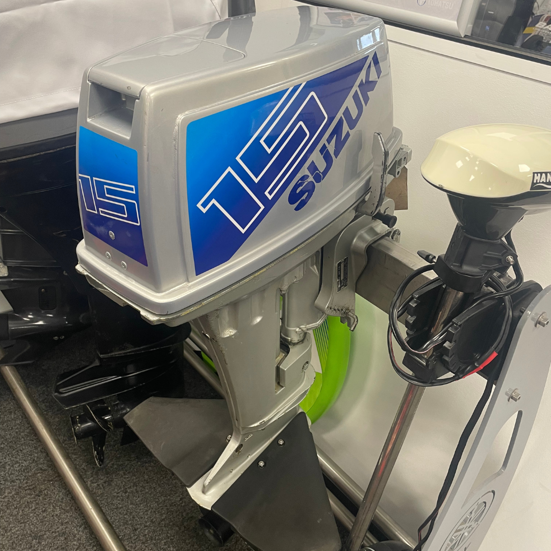 Approved Used: Suzuki 15HP Outboard Engine, 2-Stroke, Short Shaft, Electric Start, Tiller Control