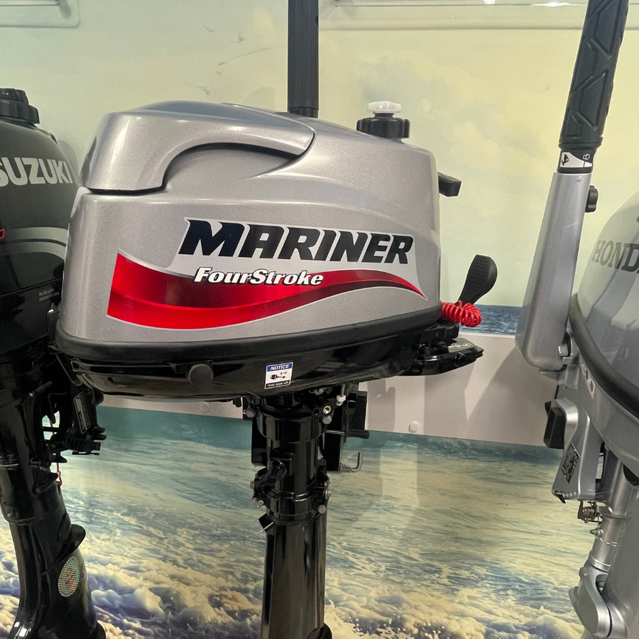 Pre Owned, Never Used: Mariner F6HP Outboard Motor, 4-Stroke, Long Shaft, Pull Start, Tiller