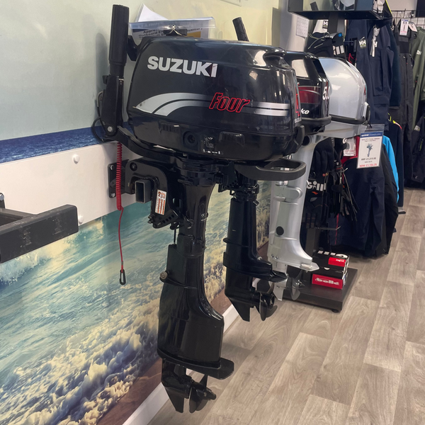 Approved Used: Suzuki 4HP Outboard Engine, 4-Stroke, Long Shaft, Pull Start, Tiller, Auxiliary
