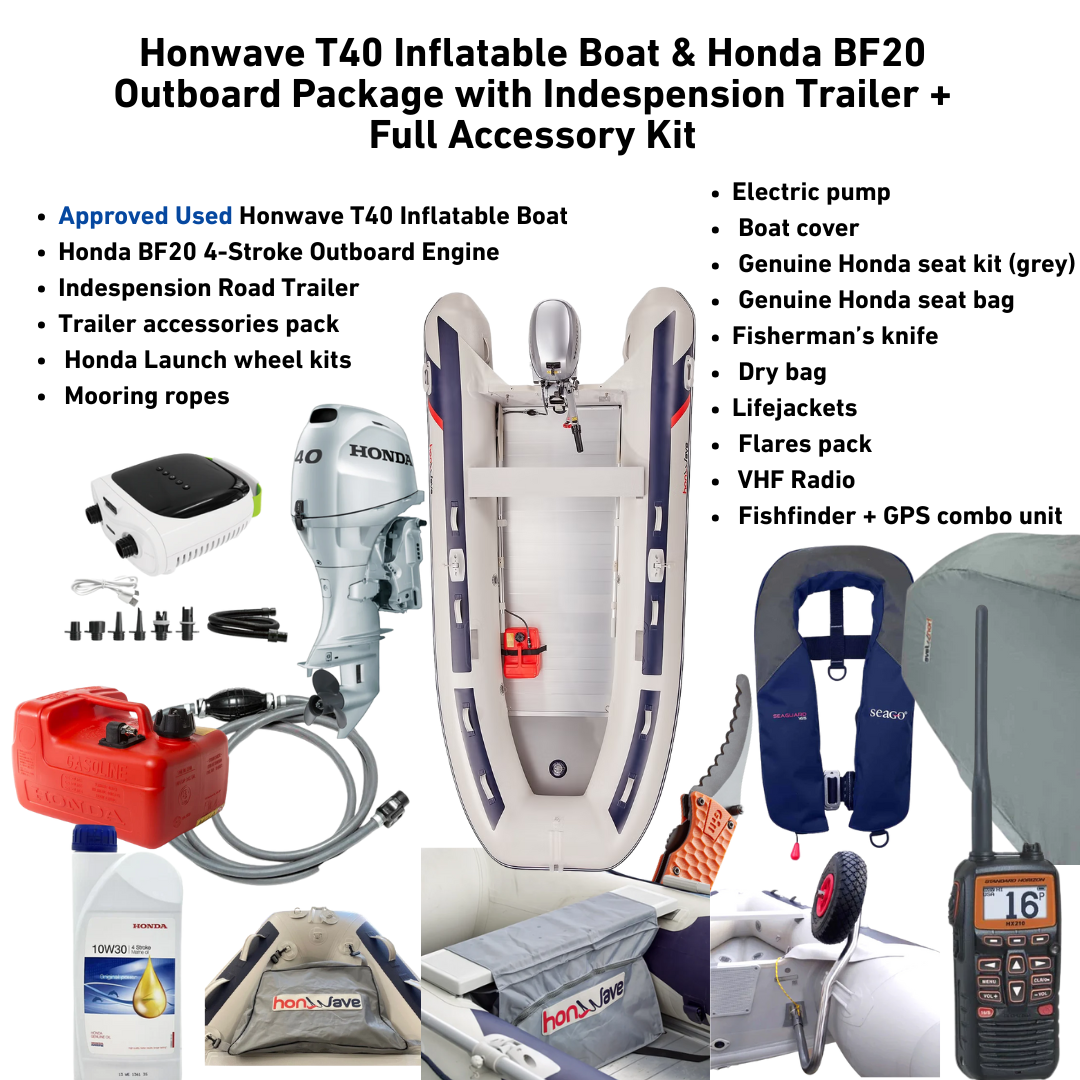 Honwave T40 Inflatable Boat & Honda BF20 Outboard Package with Indespension Trailer + Full Accessory Kit