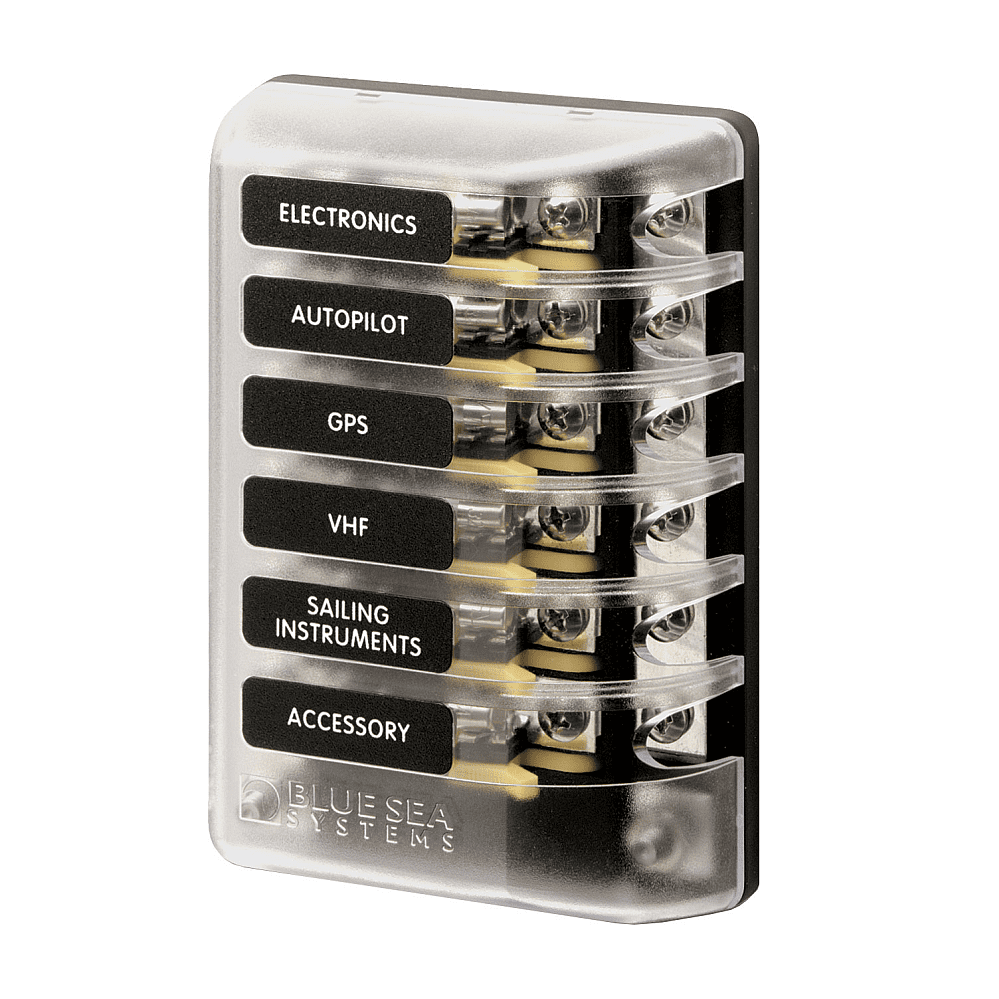 Blue Sea Systems ST Glass 6-Circuit Fuse Block – Negative Bus with Protective Cover